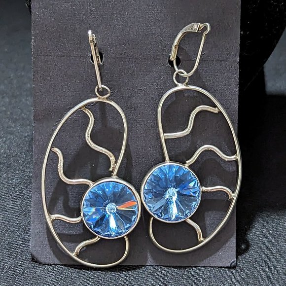 Rula Glass Jewelry - WOW Art Deco SKY BLUE Sterling Silver SWAROVSKI Rivoli Bezel Leverback Earrings